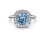 White gold Fancy Blue Cushion  Halo Diamond Solitaire with Pavé Band and Four-Prong Setting_127