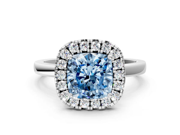 White gold Fancy Blue Cushion  Halo Diamond Solitaire with Pavé Band and Four-Prong Setting