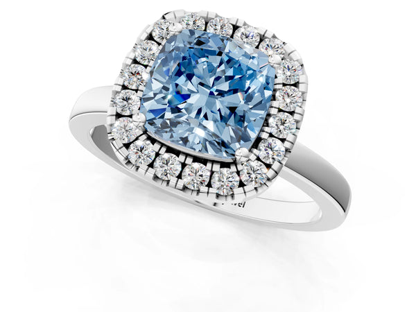 White gold Fancy Blue Cushion  Halo Diamond Solitaire with Pavé Band and Four-Prong Setting