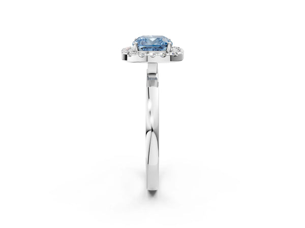White gold Fancy Blue Cushion  Halo Diamond Solitaire with Pavé Band and Four-Prong Setting