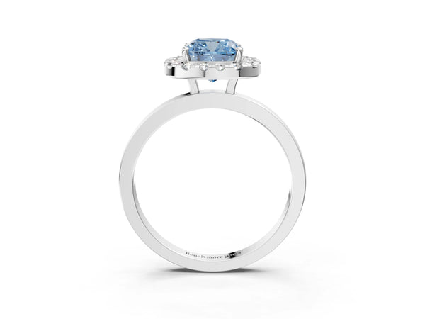 White gold Fancy Blue Cushion  Halo Diamond Solitaire with Pavé Band and Four-Prong Setting