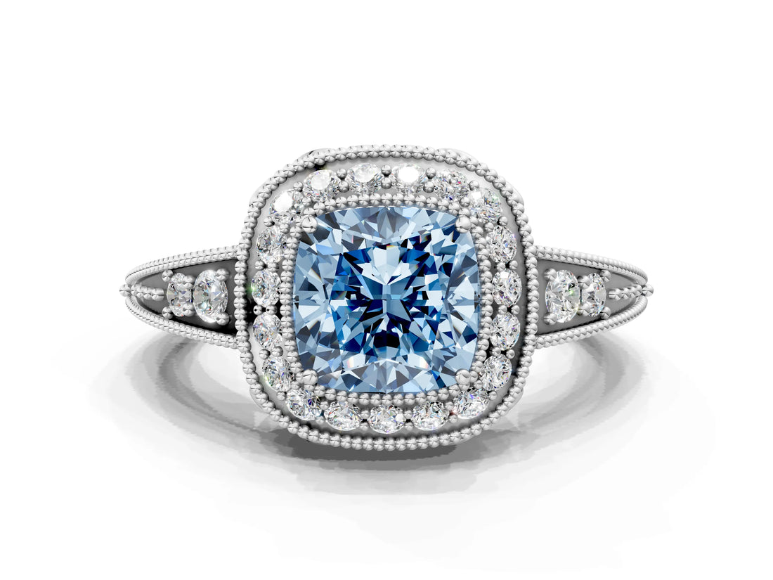 White gold Fancy Blue Cushion  Halo Diamond Split Shank Ring with Milgrain Detail_48