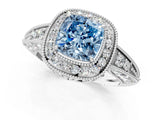 White gold Fancy Blue Cushion  Halo Diamond Split Shank Ring with Milgrain Detail_49