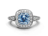 White gold Fancy Blue Cushion  Halo Diamond Split Shank Ring with Milgrain Detail_49