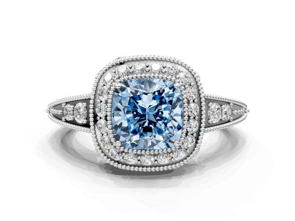 White gold Fancy Blue Cushion  Halo Diamond Split Shank Ring with Milgrain Detail