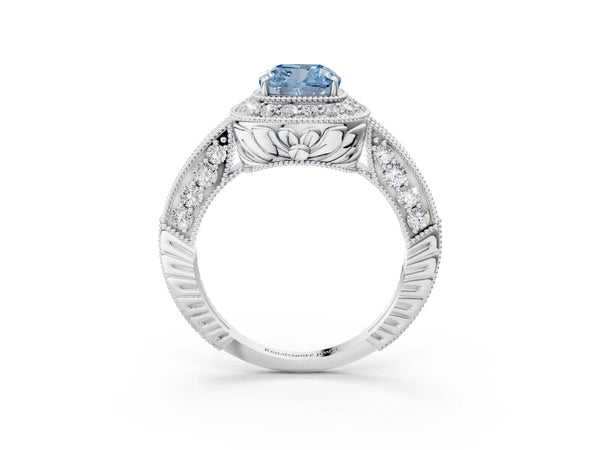 White gold Fancy Blue Cushion  Halo Diamond Split Shank Ring with Milgrain Detail