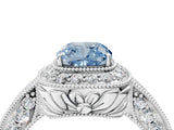 White gold Fancy Blue Cushion  Halo Diamond Split Shank Ring with Milgrain Detail_53