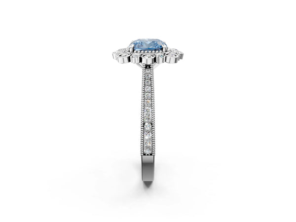 White gold Fancy Blue Cushion  Halo Milgrain Pave Diamond Ring with Four-Prong Setting