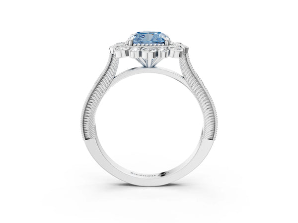White gold Fancy Blue Cushion  Halo Milgrain Pave Diamond Ring with Four-Prong Setting