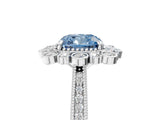 White gold Fancy Blue Cushion  Halo Milgrain Pave Diamond Ring with Four-Prong Setting