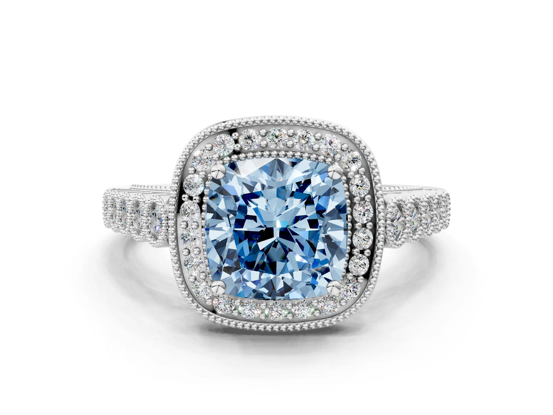 White gold Fancy Blue Cushion  Halo Milgrain Solitaire with Bezel Set Side Stones and Pave Band_32