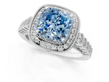 White gold Fancy Blue Cushion  Halo Milgrain Solitaire with Bezel Set Side Stones and Pave Band_33