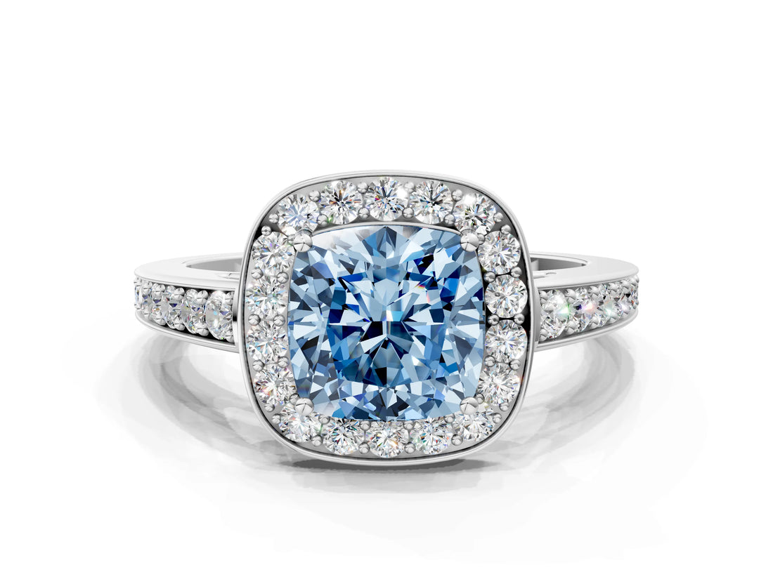 White gold Fancy Blue Cushion  Halo Pavé Diamond Engagement Ring with Bezel Setting_49