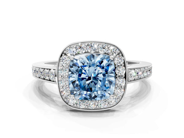 White gold Fancy Blue Cushion  Halo Pavé Diamond Engagement Ring with Bezel Setting