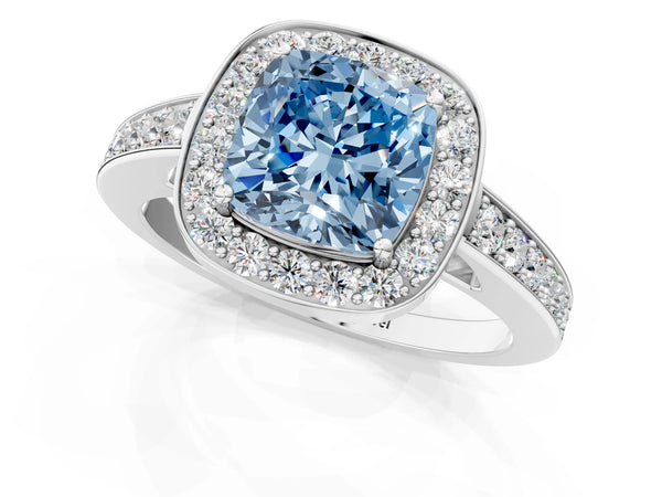White gold Fancy Blue Cushion  Halo Pavé Diamond Engagement Ring with Bezel Setting