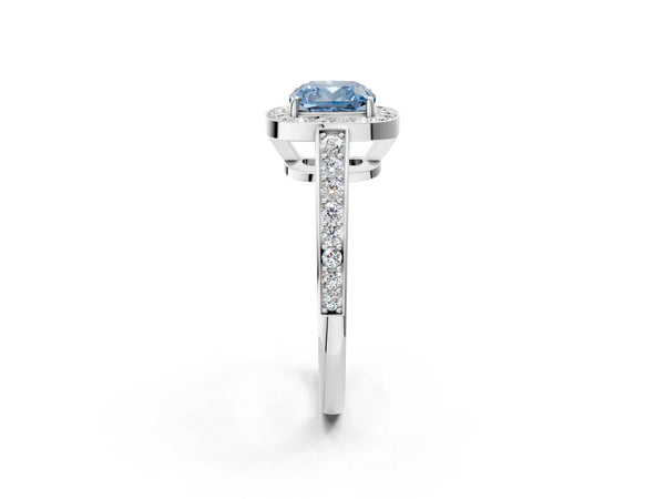 White gold Fancy Blue Cushion  Halo Pavé Diamond Engagement Ring with Bezel Setting