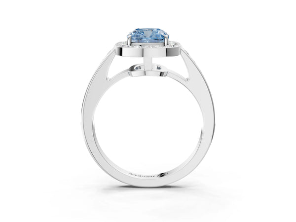 White gold Fancy Blue Cushion  Halo Pavé Diamond Engagement Ring with Bezel Setting