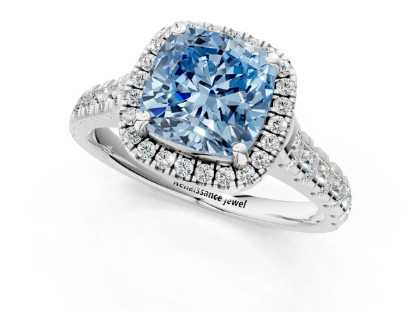 White gold Fancy Blue Cushion  Halo Pavé Diamond Engagement Ring with Four-Prong Setting