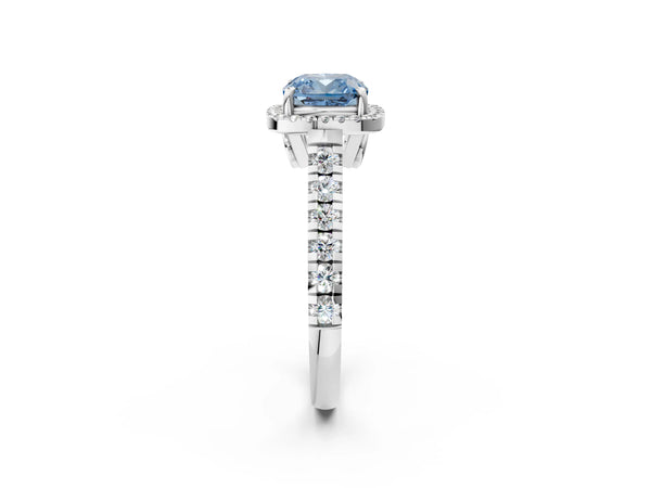 White gold Fancy Blue Cushion  Halo Pavé Diamond Engagement Ring with Four-Prong Setting
