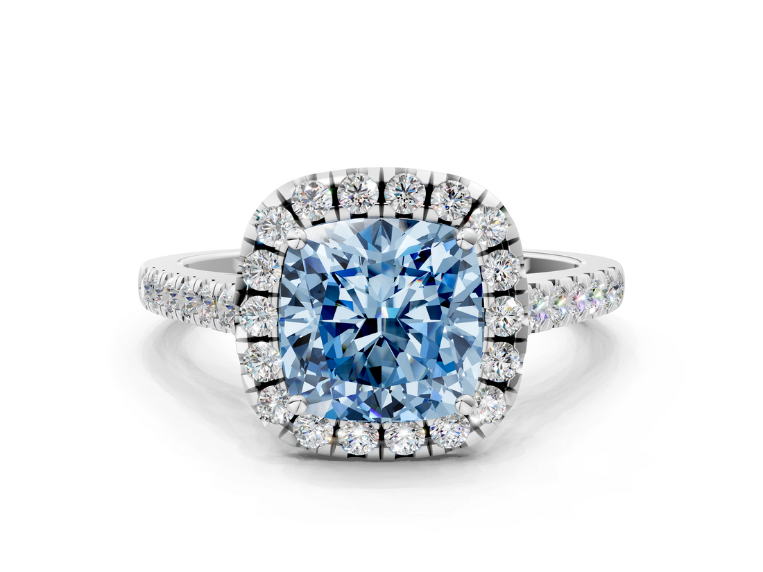White gold Fancy Blue Cushion  Halo Pavé Diamond Engagement Ring with Four-Prong Setting_3