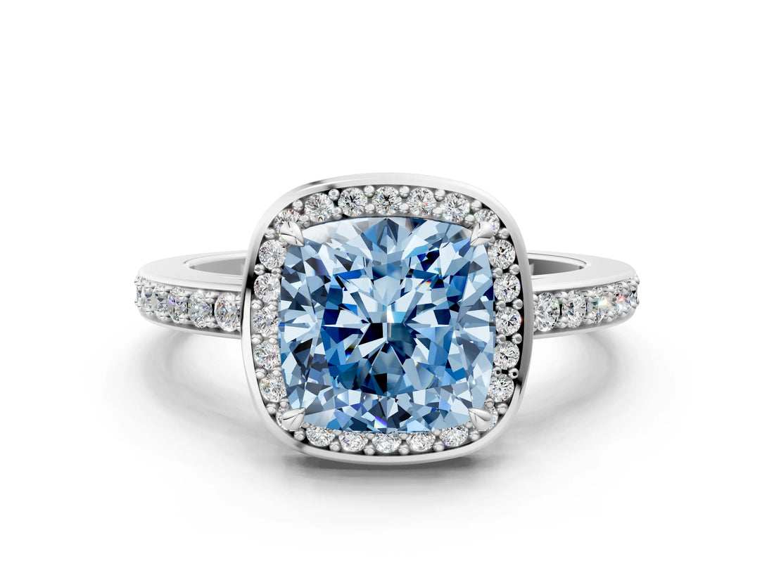 White gold Fancy Blue Cushion  Halo Pave Band Solitaire Ring with Prong Setting_65