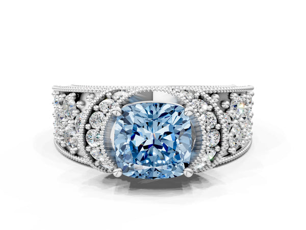 Platinum Fancy Blue Cushion  Halo Pave Diamond Engagement Ring with Milgrain Detailing