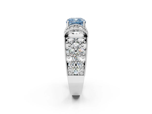 Platinum Fancy Blue Cushion  Halo Pave Diamond Engagement Ring with Milgrain Detailing