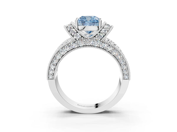 Platinum Fancy Blue Cushion  Halo Pave Diamond Engagement Ring with Milgrain Detailing