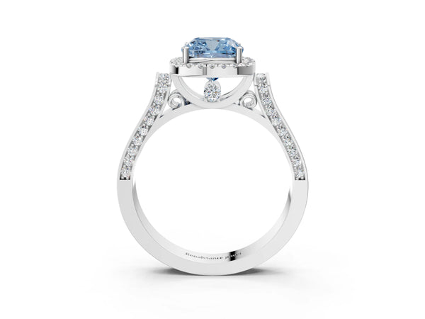 Sterling Silver Cushion Cut Halo Engagement Ring Setting for Fancy Blue Center with Pave Panel Shoulders