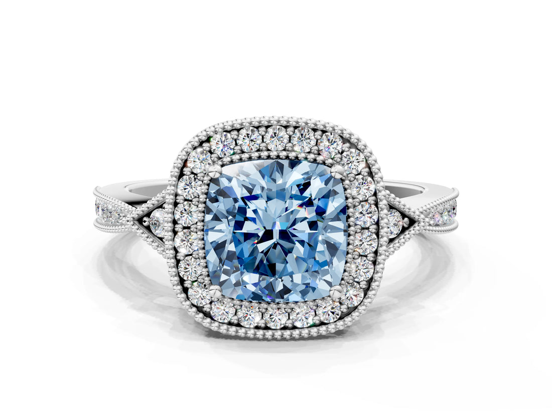 White gold Fancy Blue Cushion  Halo Round Diamond Milgrain Pave Engagement Ring_3