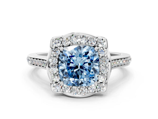 White gold Fancy Blue Cushion  Halo Round Diamond Pave Band with Four-Prong Setting