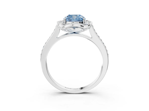 White gold Fancy Blue Cushion  Halo Round Diamond Pave Band with Four-Prong Setting