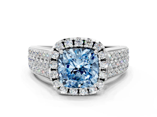White gold Fancy Blue Cushion  Halo Round Diamond Pave Band with Prong Setting