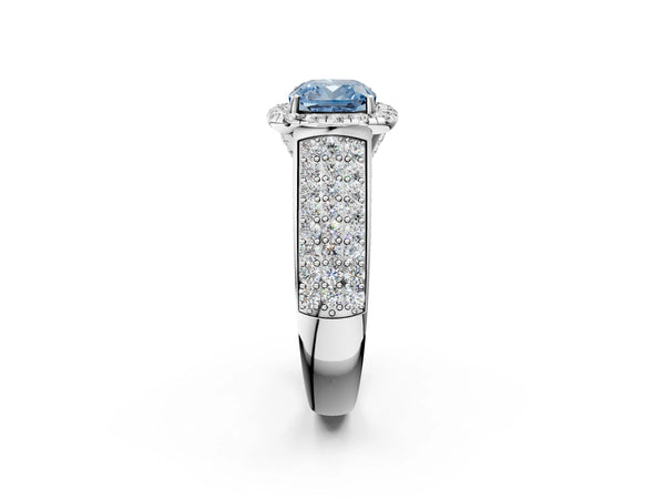 White gold Fancy Blue Cushion  Halo Round Diamond Pave Band with Prong Setting