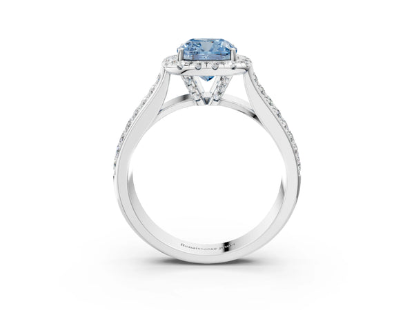 White gold Fancy Blue Cushion  Halo Round Diamond Pave Band with Prong Setting