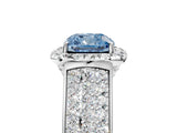 White gold Fancy Blue Cushion  Halo Round Diamond Pave Band with Prong Setting