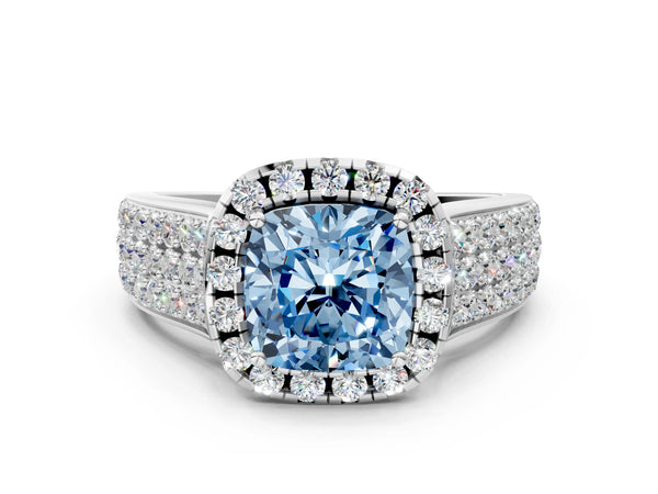 White gold Fancy Blue Cushion  Halo Round Diamond Pave Band with Prong Setting