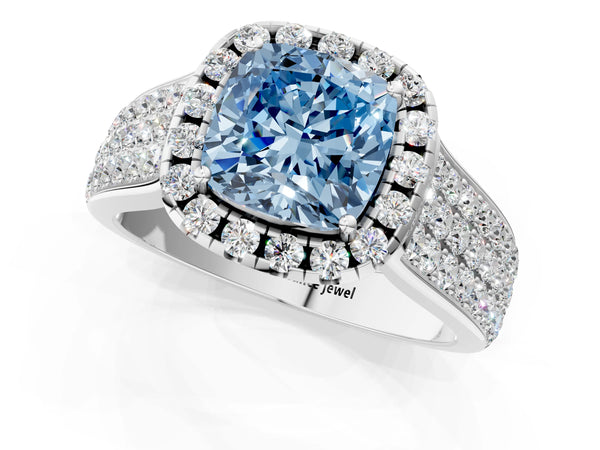 White gold Fancy Blue Cushion  Halo Round Diamond Pave Band with Prong Setting
