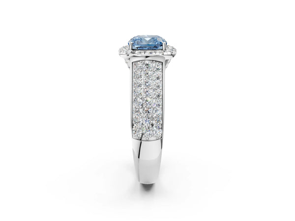 White gold Fancy Blue Cushion  Halo Round Diamond Pave Band with Prong Setting