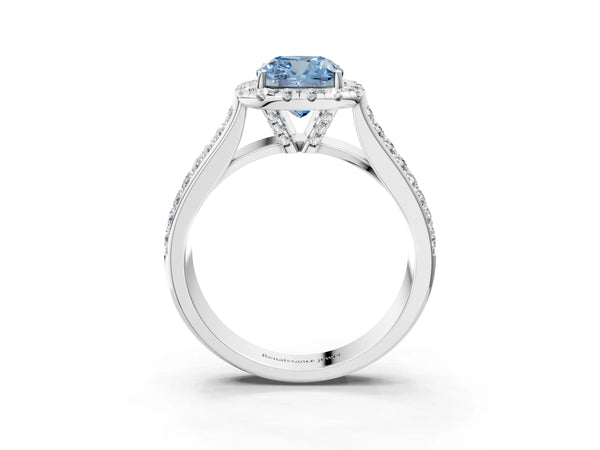 White gold Fancy Blue Cushion  Halo Round Diamond Pave Band with Prong Setting
