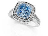 White gold Fancy Blue Cushion  Halo Solitaire Diamond Ring with Pave Band and Bezel Setting_49