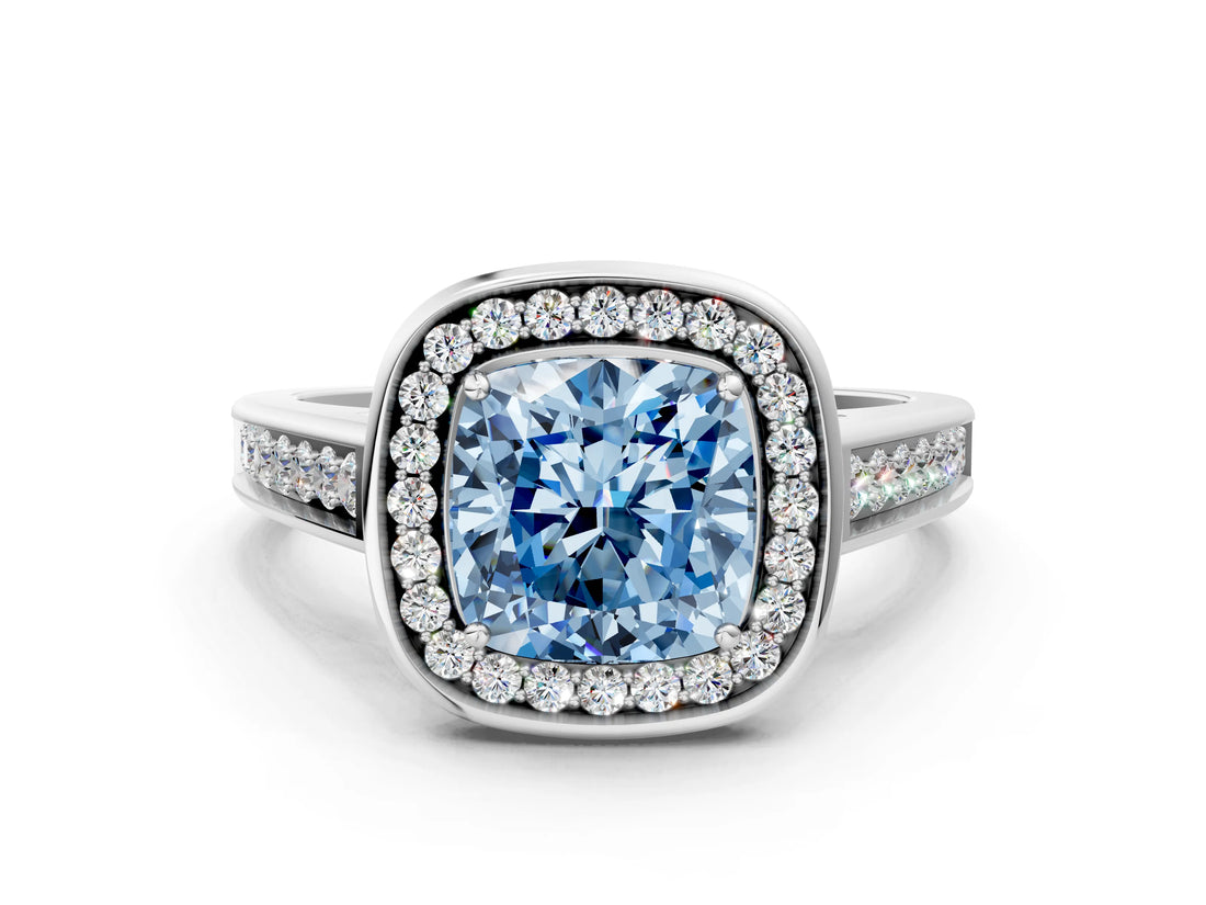 White gold Fancy Blue Cushion  Halo Solitaire Diamond Ring with Pave Band and Bezel Setting_49