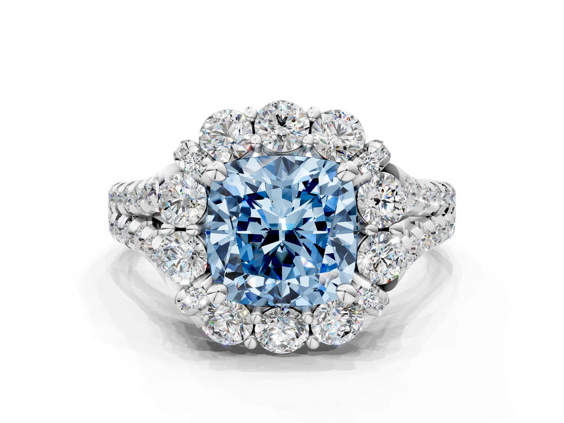 White gold Fancy Blue Cushion  Halo Split Shank Diamond Engagement Ring with Pave Band and Four-Prong Setting_54