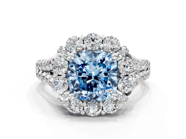White gold Fancy Blue Cushion  Halo Split Shank Diamond Engagement Ring with Pave Band and Four-Prong Setting