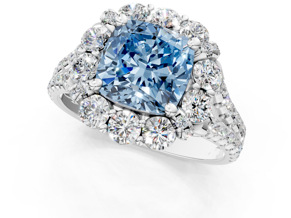 White gold Fancy Blue Cushion  Halo Split Shank Diamond Engagement Ring with Pave Band and Four-Prong Setting
