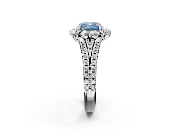 White gold Fancy Blue Cushion  Halo Split Shank Diamond Engagement Ring with Pave Band and Four-Prong Setting