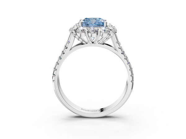 White gold Fancy Blue Cushion  Halo Split Shank Diamond Engagement Ring with Pave Band and Four-Prong Setting
