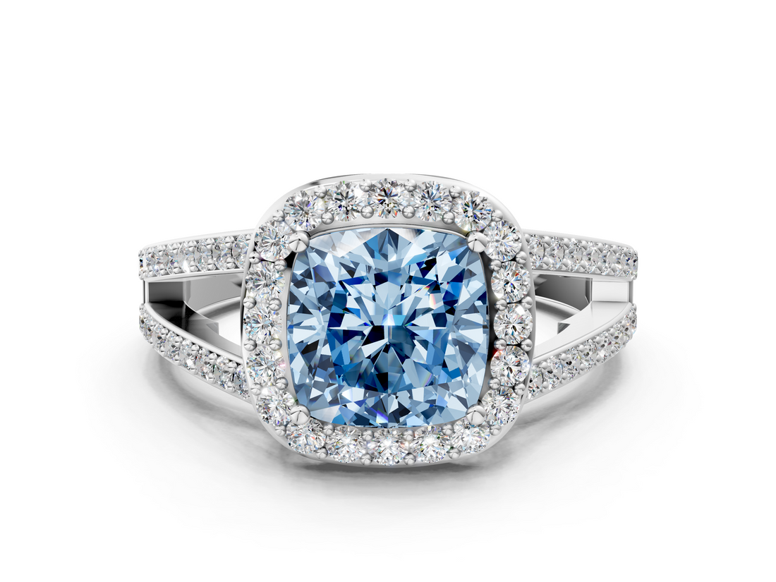 White gold Fancy Blue Cushion  Halo Split Shank Diamond Ring with Four-Prong Setting_32