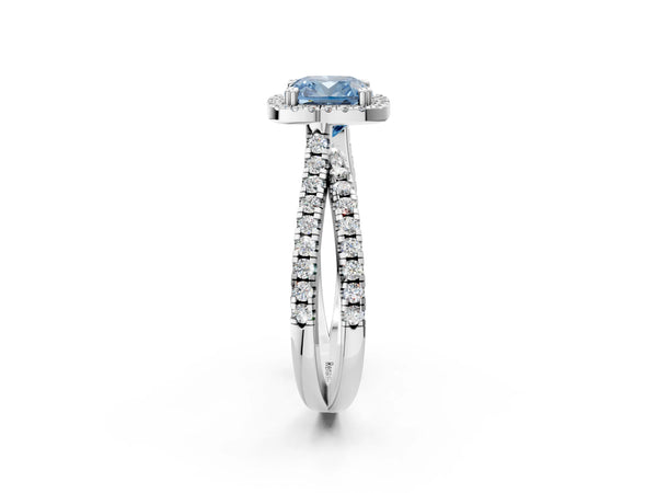 White gold Fancy Blue Cushion  Halo Split Shank Diamond Ring with Pavé Setting