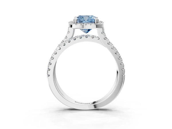 White gold Fancy Blue Cushion  Halo Split Shank Diamond Ring with Pavé Setting